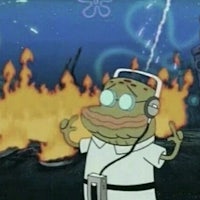 an image of a spongebob squarepants character in front of a fire