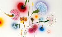 a painting of colorful flowers on a white background