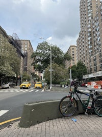 a bike parked on a city street